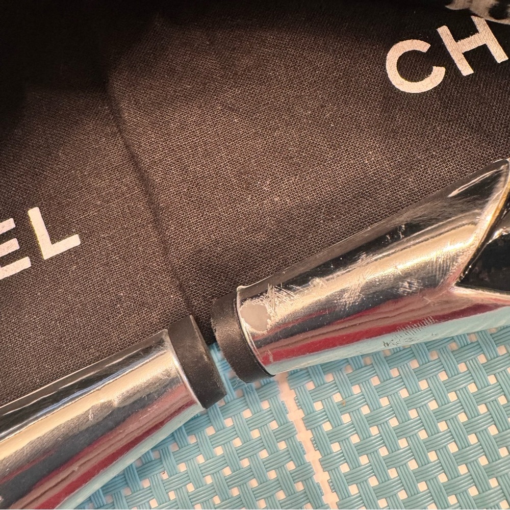 Authentic CHANEL Black patent peep toeHeels with silver like new box/ receipt - Picture 9 of 16